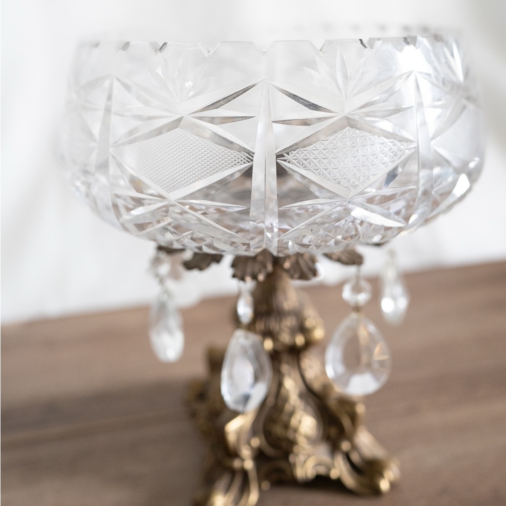 Vintage Crystal Glass Bowl with Ornate Brass Pedestal Base - Picture 2 of 4